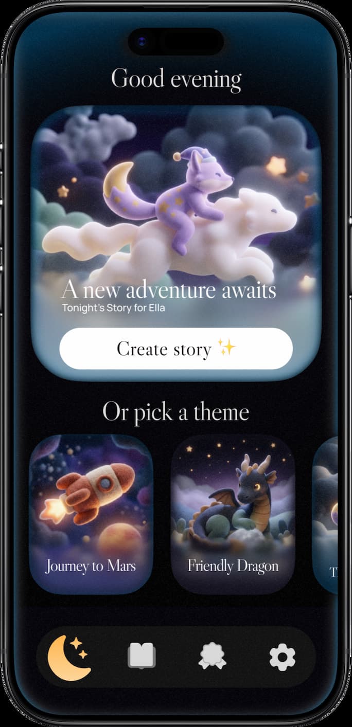 Dreamloo home screen showing story themes