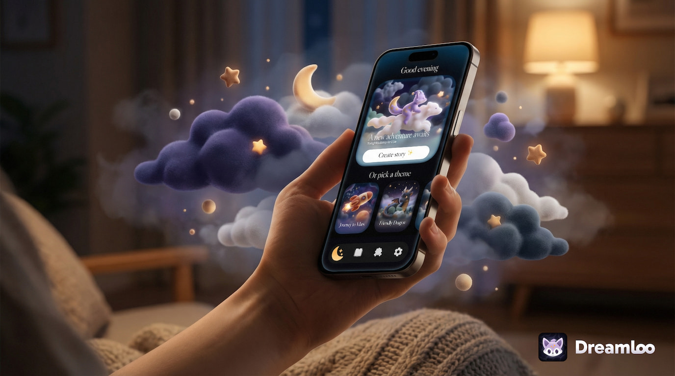 A hand holding a phone with the DreamLoo app open, surrounded by soft clouds, stars, and a cozy bedroom backdrop