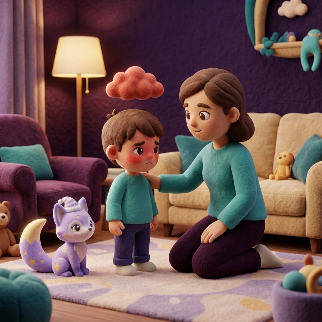 A parent kneeling calmly beside a frustrated child with a small storm cloud over the child's head, Loo the lavender fox watching supportively