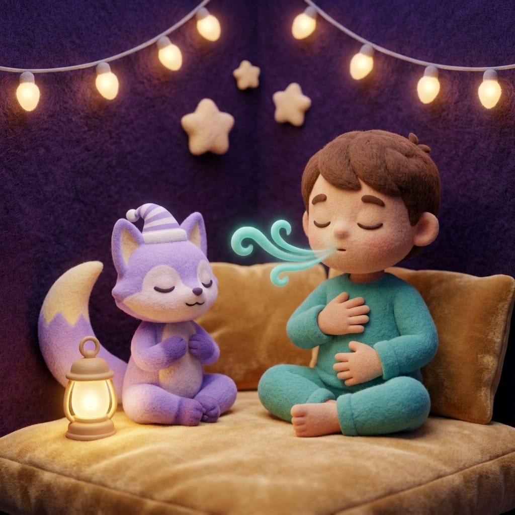 A small child sitting cross-legged on a soft cushion taking a slow deep breath with a gentle teal breath wave, Loo the lavender fox breathing along beside them