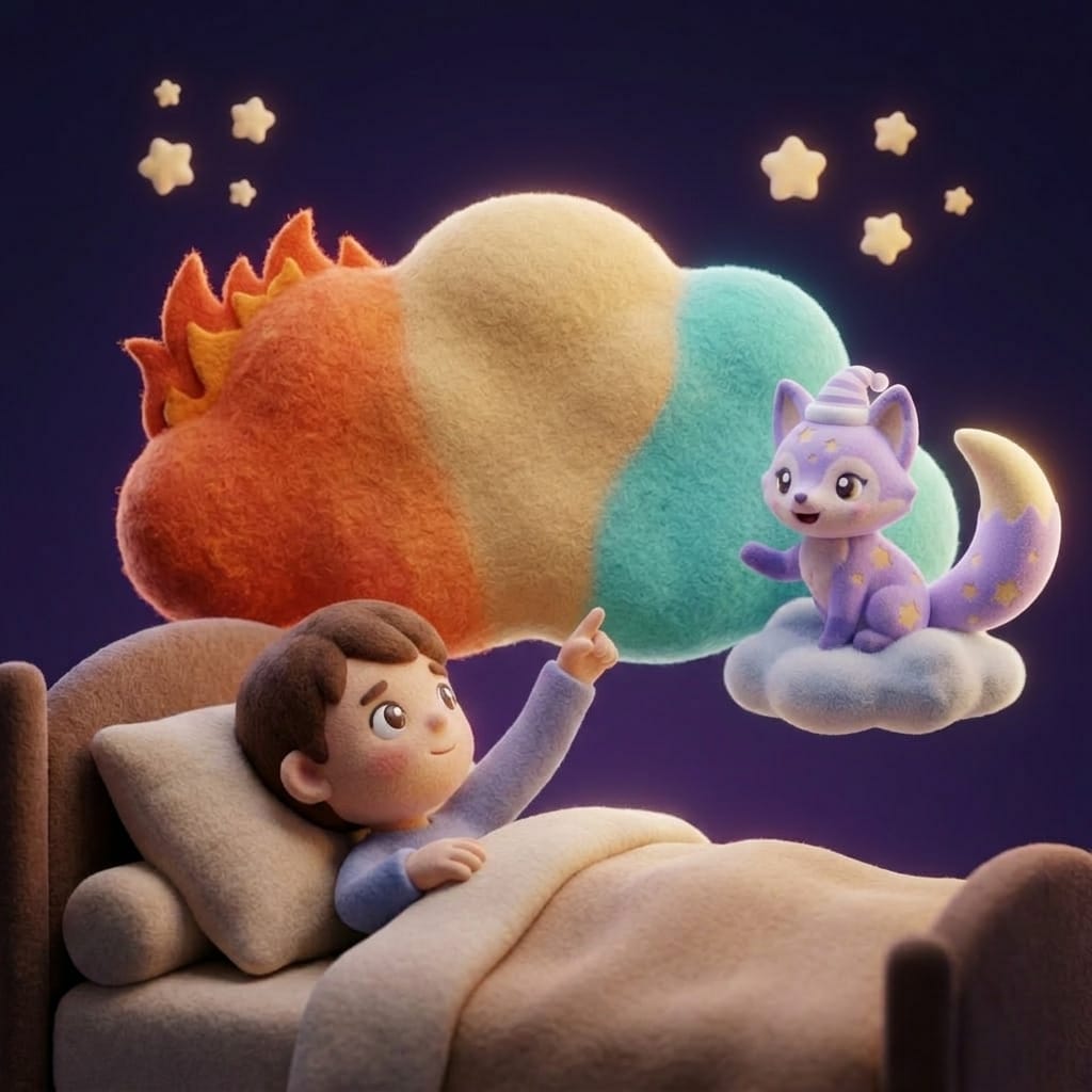 A soft cloud showing three emotional zones — fiery red anger, warm gold transition, and peaceful teal calm — with a small child pointing to the calm side and Loo watching supportively
