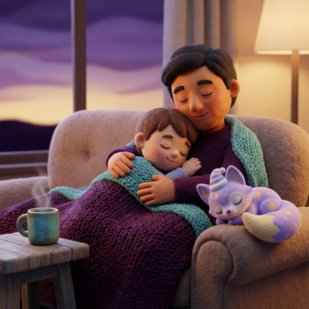 A parent and child snuggled together on a cozy couch under a soft blanket after a hard moment, Loo the lavender fox napping nearby on the armrest