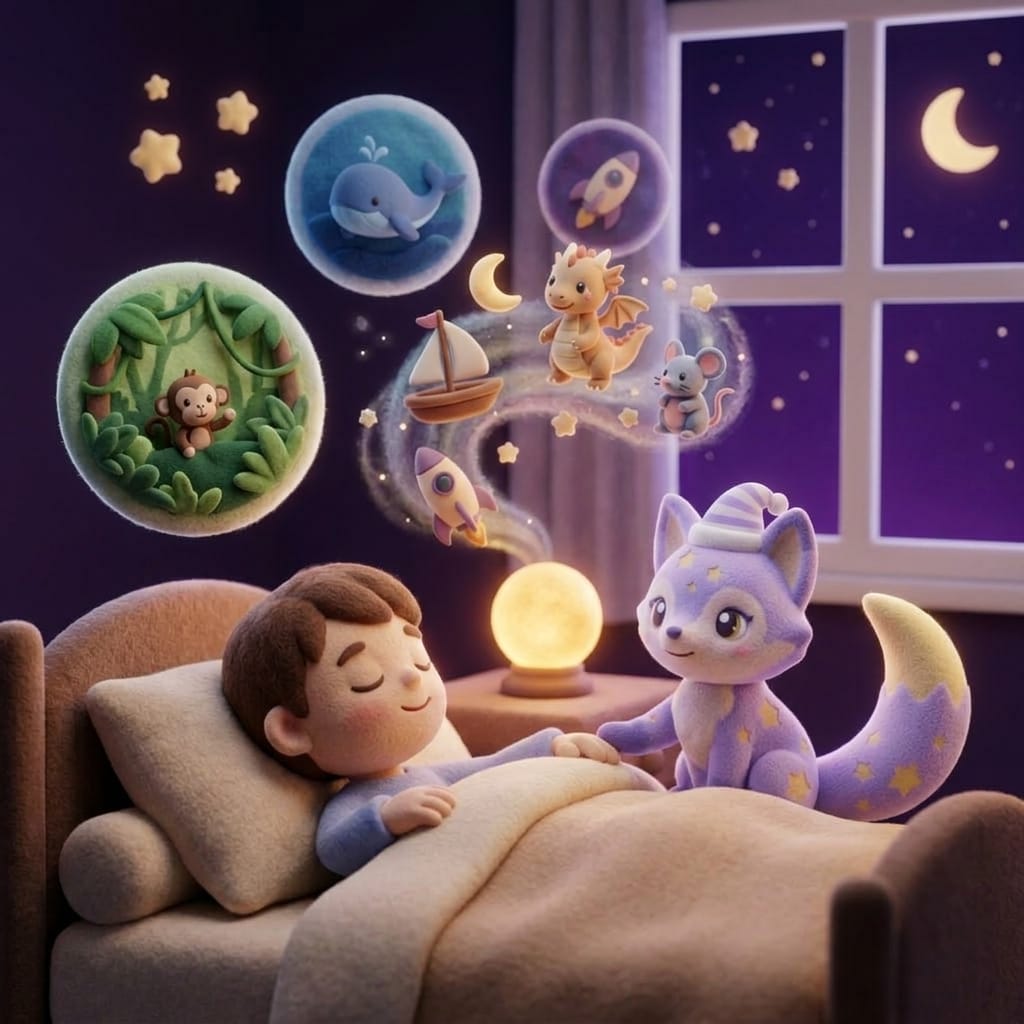 A child tucked in bed listening to a magical AI bedtime story forming gentle story shapes in the air, Loo the lavender fox resting on the pillow beside them