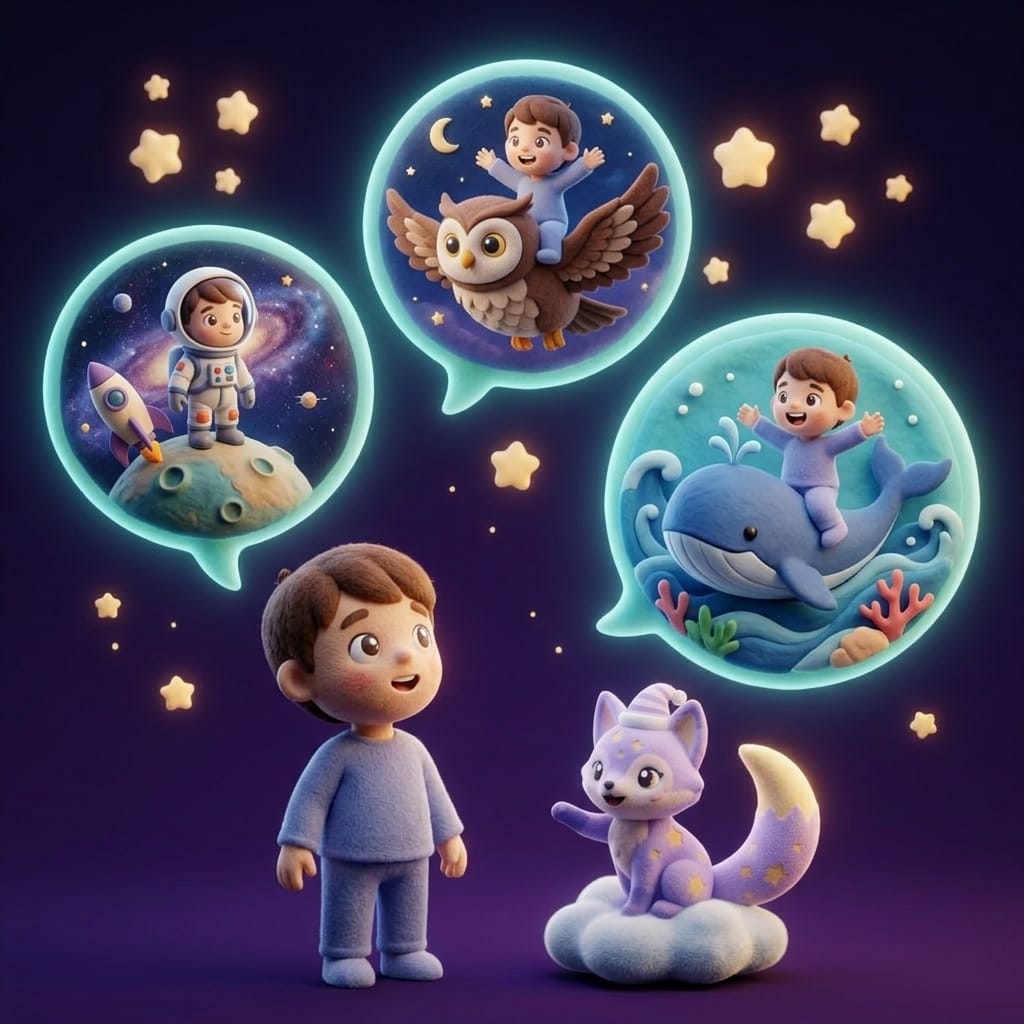 A child standing with three personalized story bubbles floating around them — one with a spacesuit, one with a sea creature, one flying with an owl — Loo the lavender fox encouraging beside them
