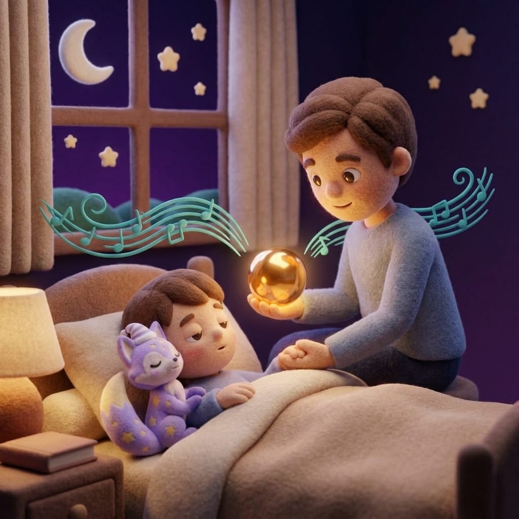 A parent sitting beside a child's bed holding a glowing warm orb that softly broadcasts a story with gentle teal sound waves, Loo the lavender fox listening from the pillow