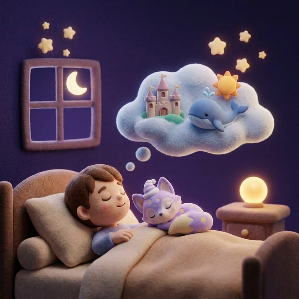 A child deeply asleep under a soft blanket with dreams drifting above as a gentle cloud of shapes, the bedside orb fading, Loo the lavender fox curled asleep on the pillow