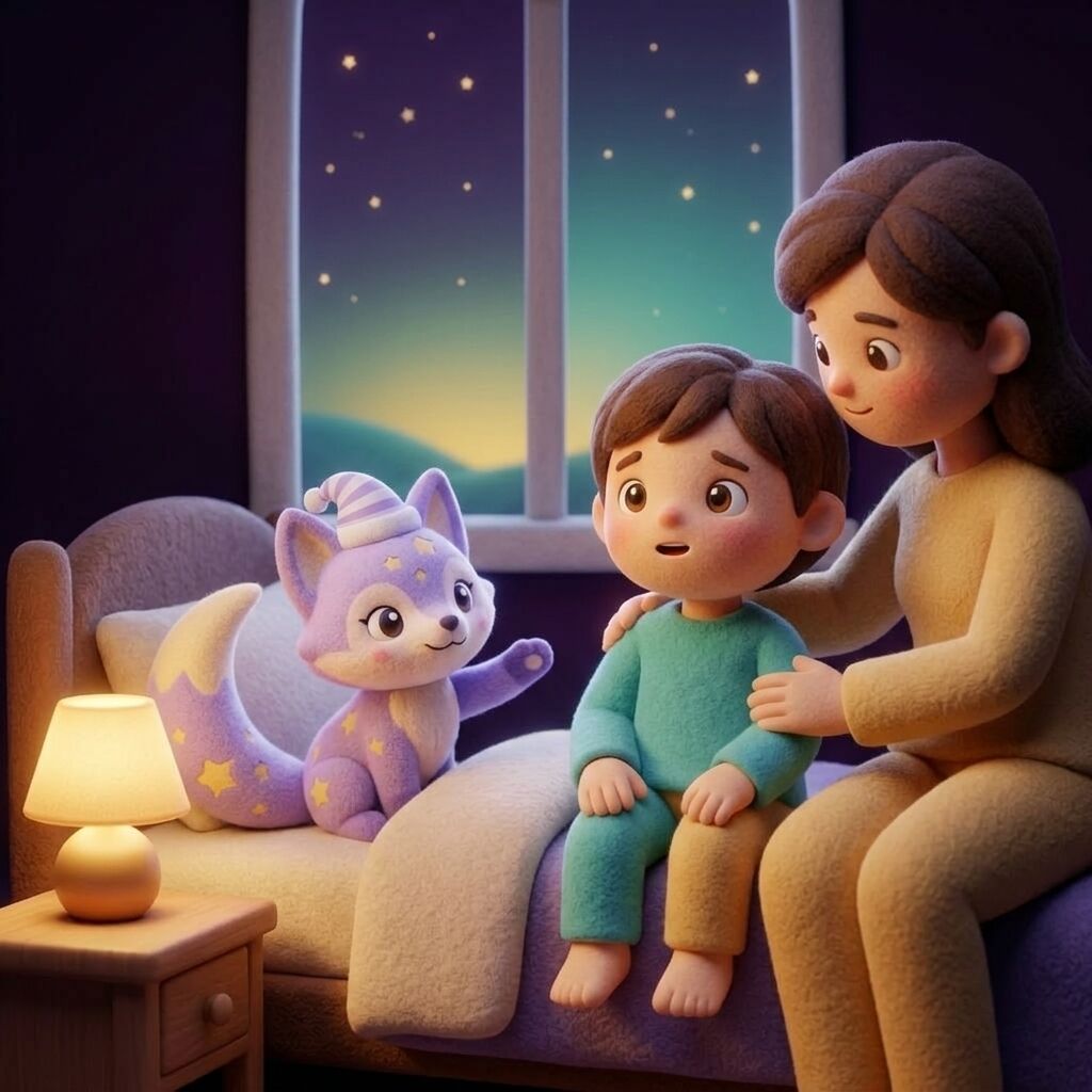 A parent sits on the edge of a softly lit bed, arm around a wide-eyed child in pajamas, Loo the lavender fox offering a paw on the pillow