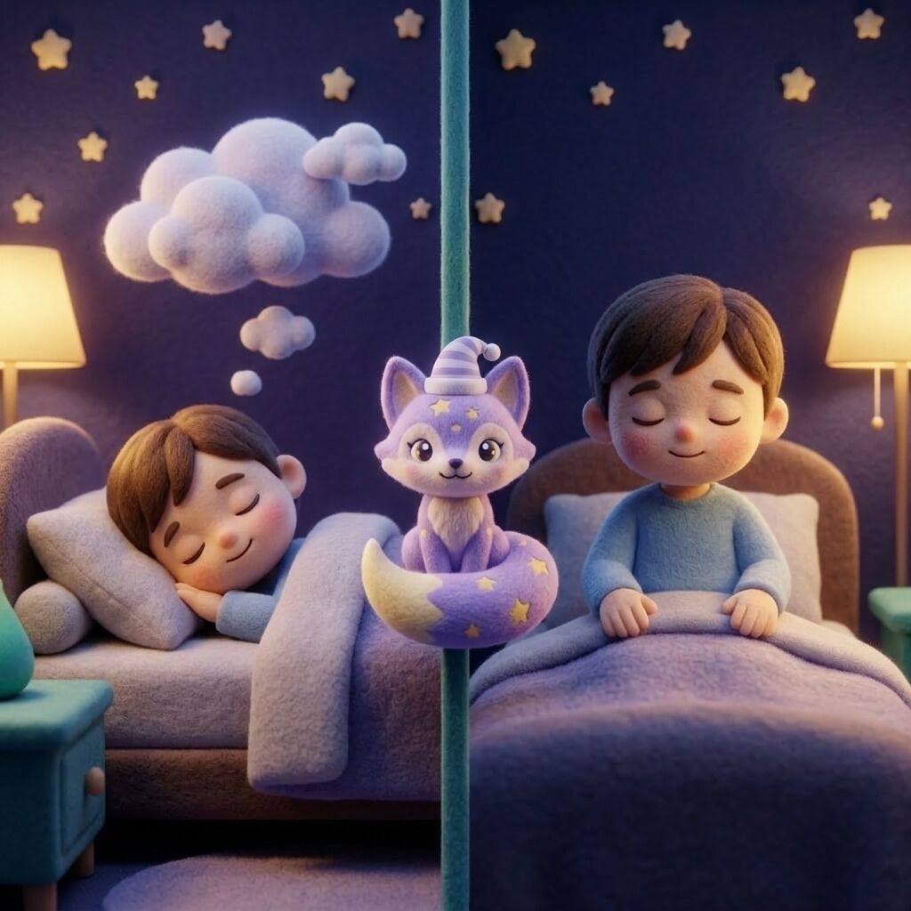 A gentle split clay scene comparing two sleep states: on the left a peacefully sleeping child with soft dream shapes drifting above, on the right the same child sitting upright with calmly closed eyes, Loo the lavender fox resting between them as a soft divider