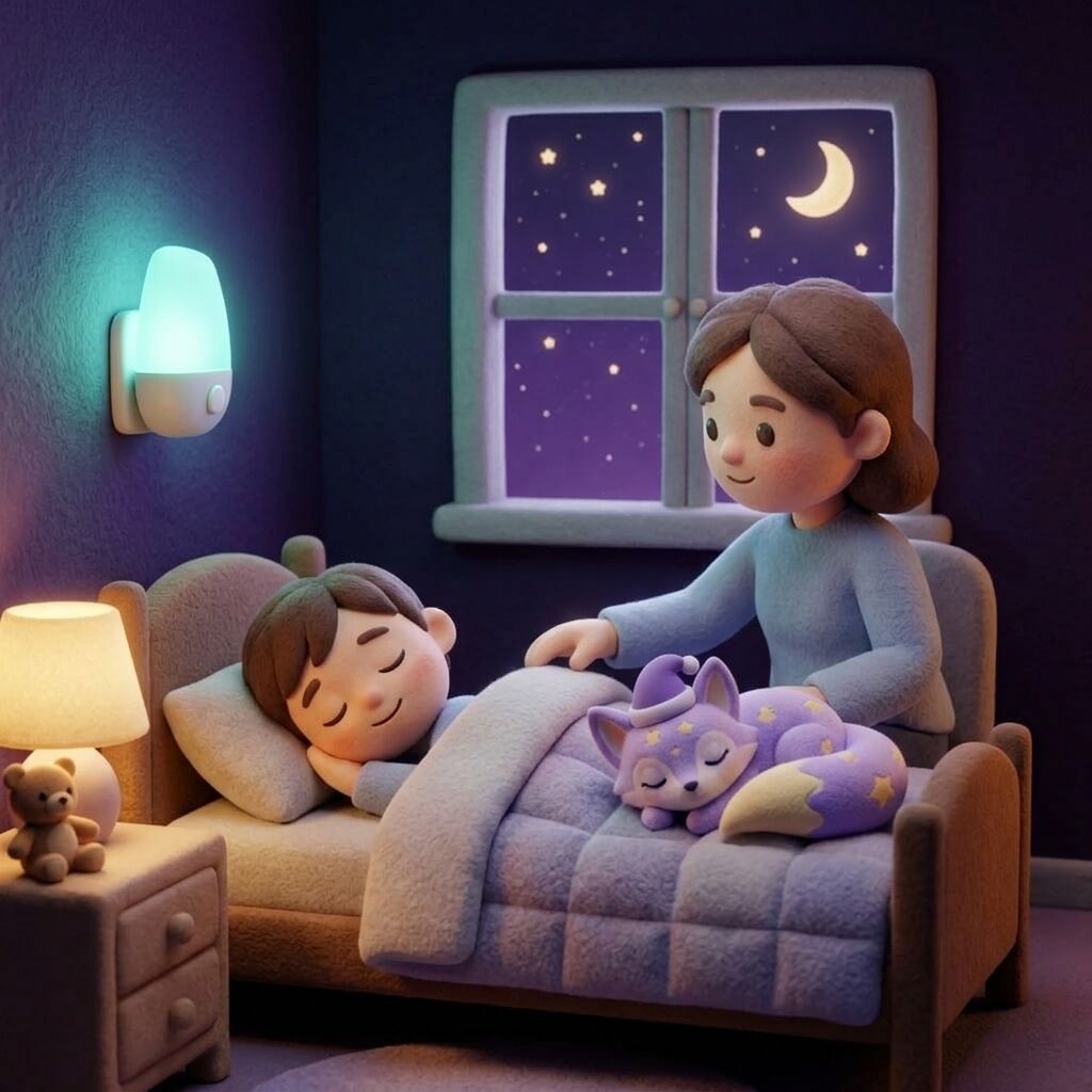 A parent sits calmly next to a child's bed with one hand resting on the blanket as the child begins to drift back to sleep, a soft teal nightlight glow on the wall, Loo the lavender fox curled by the child's feet