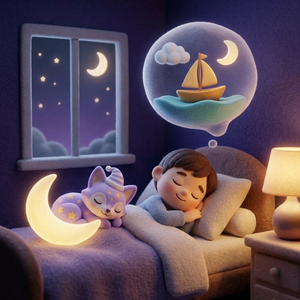 A child deeply asleep with a peaceful expression, a small dream bubble drifting above showing a tiny boat, a friendly cloud, and a crescent moon, Loo the lavender fox curled asleep on the pillow beside them