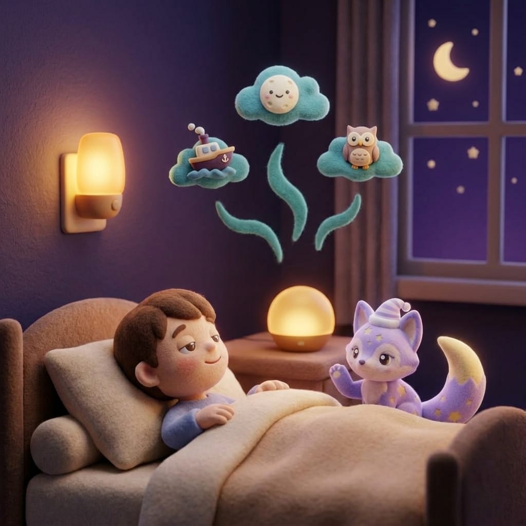A child tucked in bed listening to a softly glowing bedside orb emit gentle story-shape sound waves, Loo the lavender fox resting on the pillow beside them