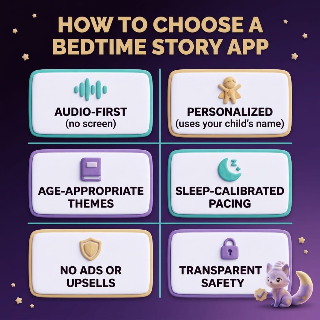 Clay-style infographic with six soft-rounded cards outlining the key criteria for choosing a bedtime story app — audio-first, personalization, age-appropriate themes, sleep-calibrated pacing, no ads, and transparent safety
