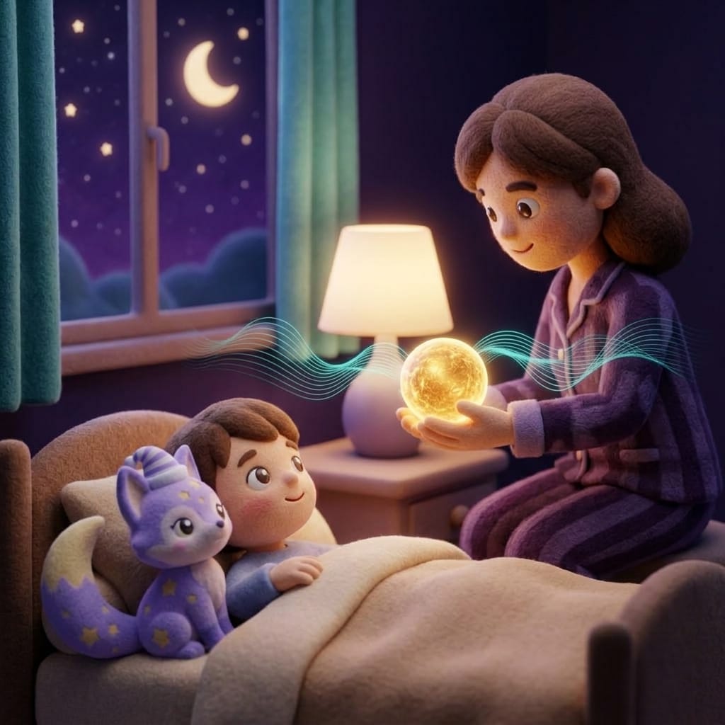 A parent in cozy pajamas handing a softly glowing audio orb to a small child in bed, with Loo the lavender fox resting on the pillow, no screens visible