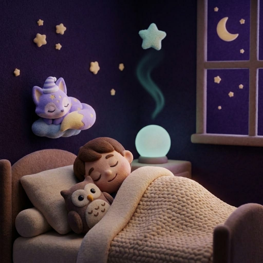 A child deeply asleep under a soft blanket with a peaceful smile while the bedside audio orb fades dim and Loo the lavender fox curls asleep on the pillow