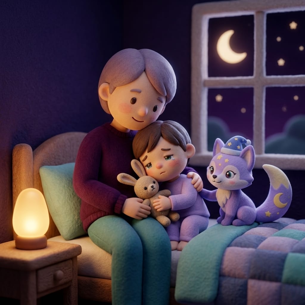 A parent sitting on the edge of a child's bed with an arm around a small child who has just woken from a bad dream, Loo the lavender fox supporting gently from the pillow