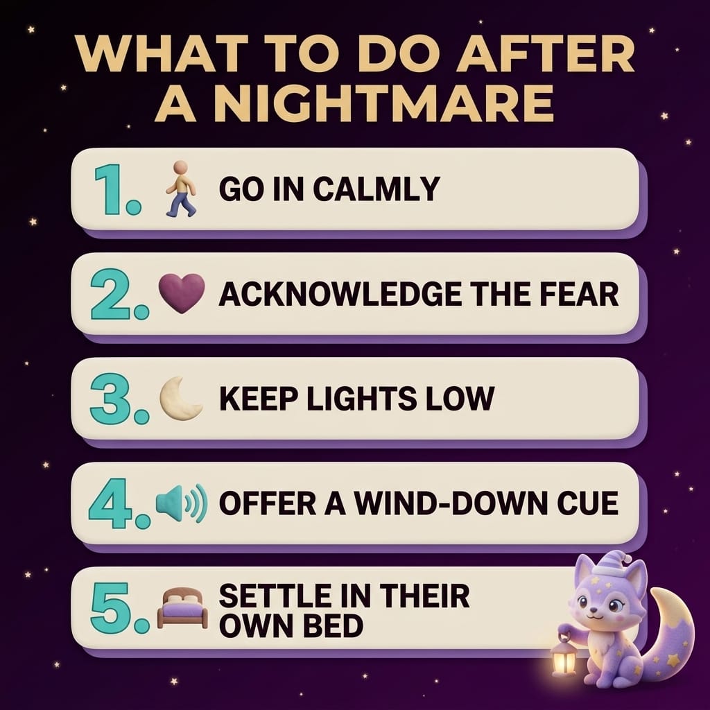 Clay-style infographic with five numbered steps outlining the nightmare-response playbook: go in calmly, acknowledge the fear, keep lights low, offer a wind-down cue, and settle them in their own bed