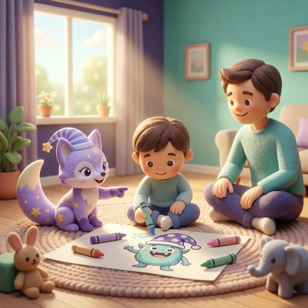 A small child drawing their nightmare monster with chunky crayons during the daytime, a parent watching warmly, Loo the lavender fox nearby offering gentle approval