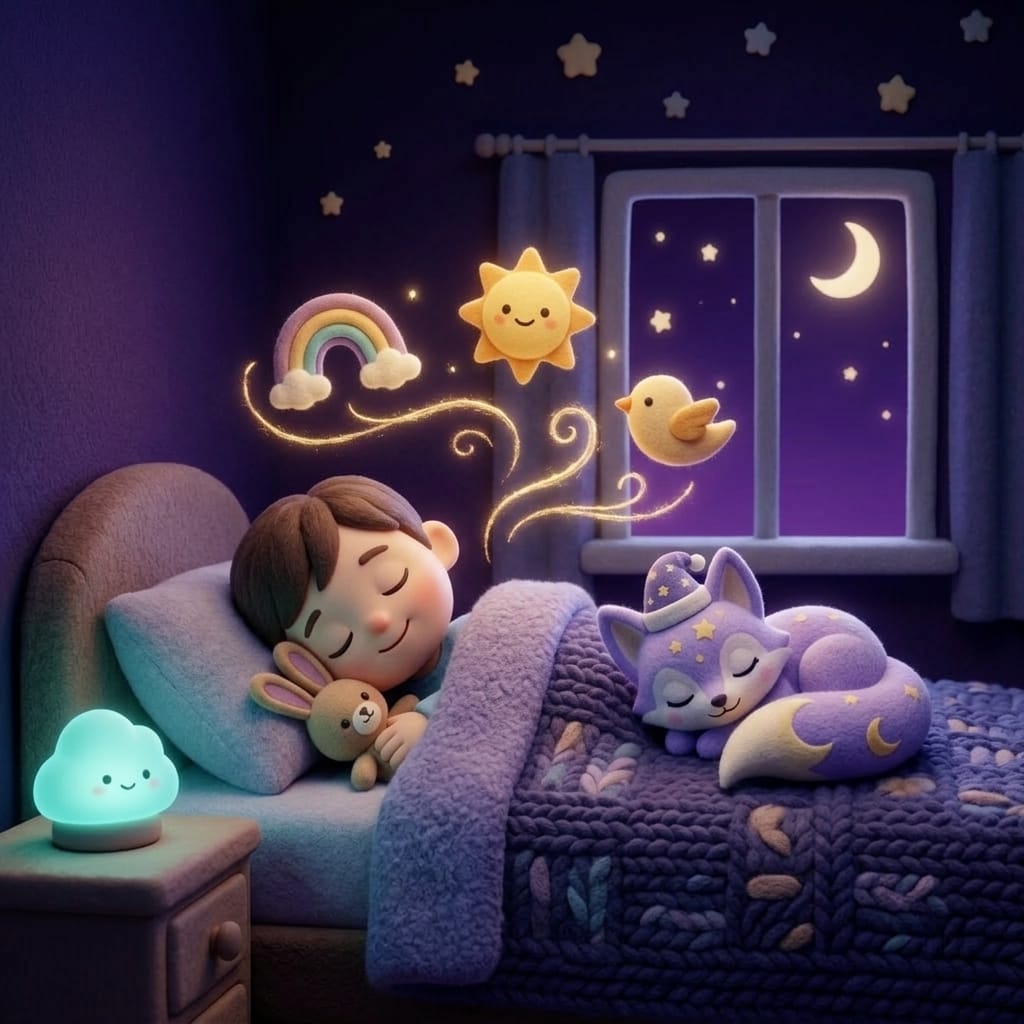 A child asleep peacefully under a soft blanket with friendly dream wisps floating gently above — a rainbow, a smiling sun, a little bird — Loo the lavender fox curled asleep beside them