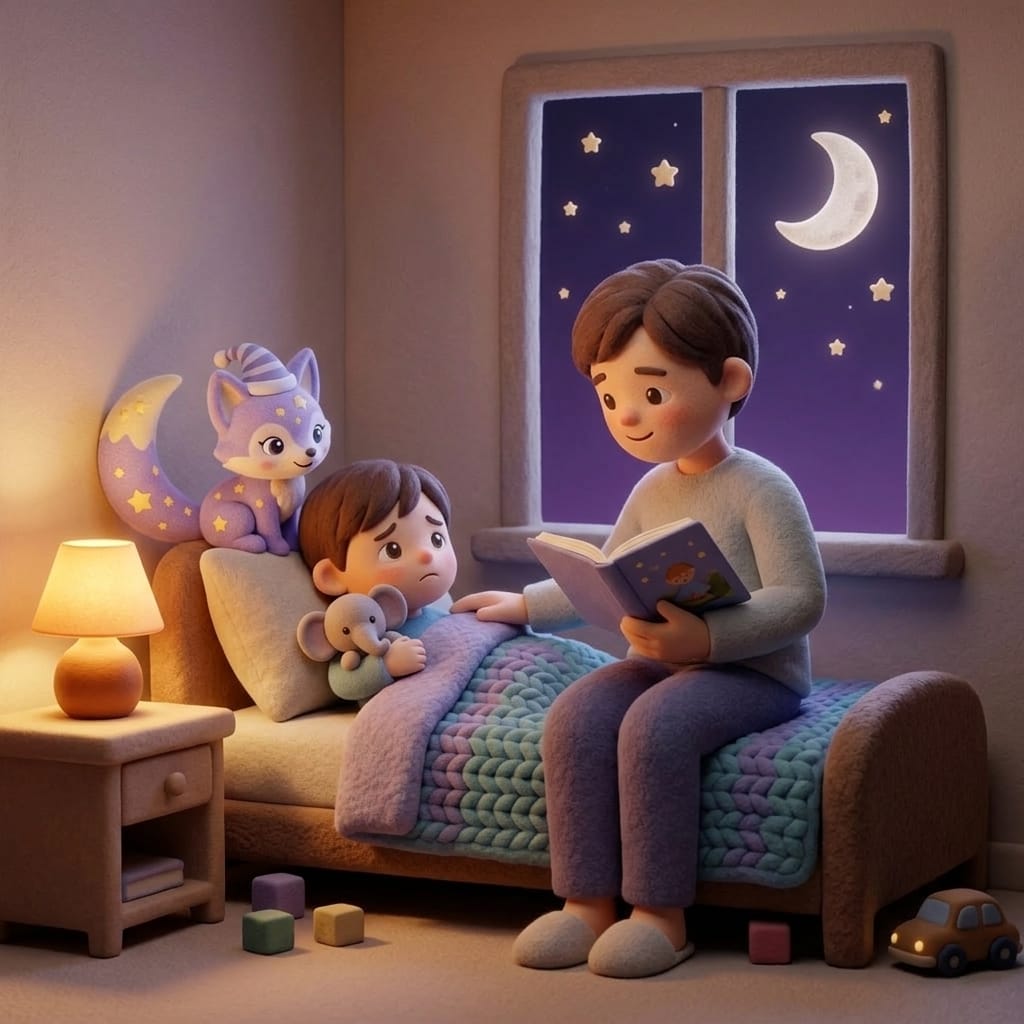 A parent reading a calming storybook to a slightly worried child tucked under a soft blanket with Loo the lavender fox resting supportively on the pillow