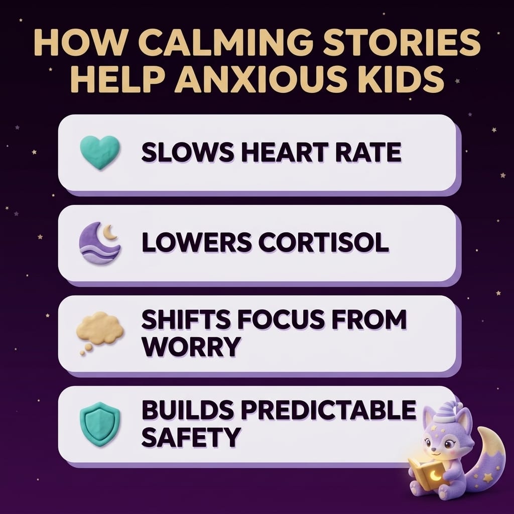 Clay-style infographic titled How Calming Stories Help Anxious Kids with four cards — slows heart rate, lowers cortisol, shifts focus from worry, builds predictable safety