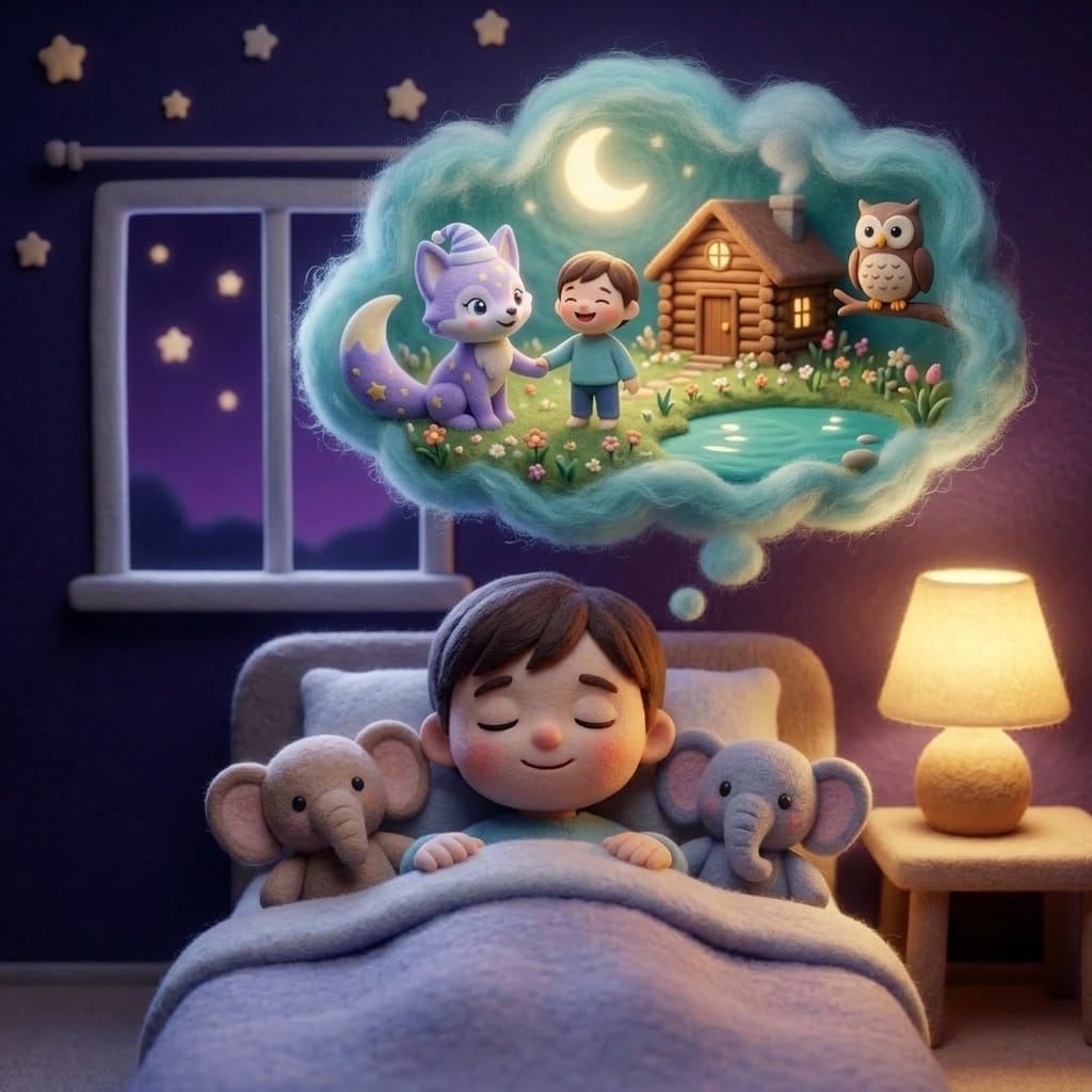 A small child peacefully imagining a safe dreamscape — a warm cabin in a meadow, a calm pond, a friendly owl — while Loo the lavender fox holds their hand inside the dream-cloud