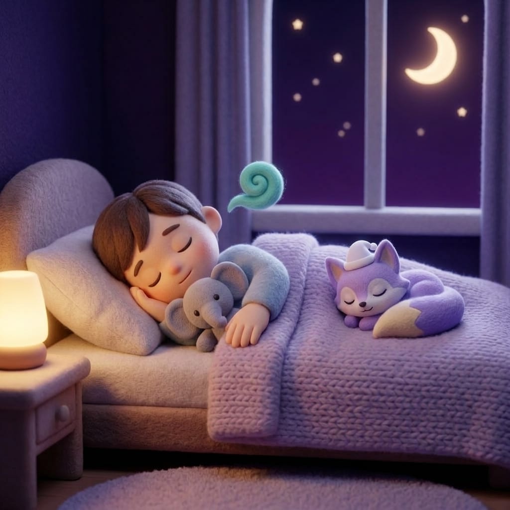 A small child deeply asleep with a peaceful expression and a gentle teal dream wisp drifting above, Loo the lavender fox curled on the pillow beside them