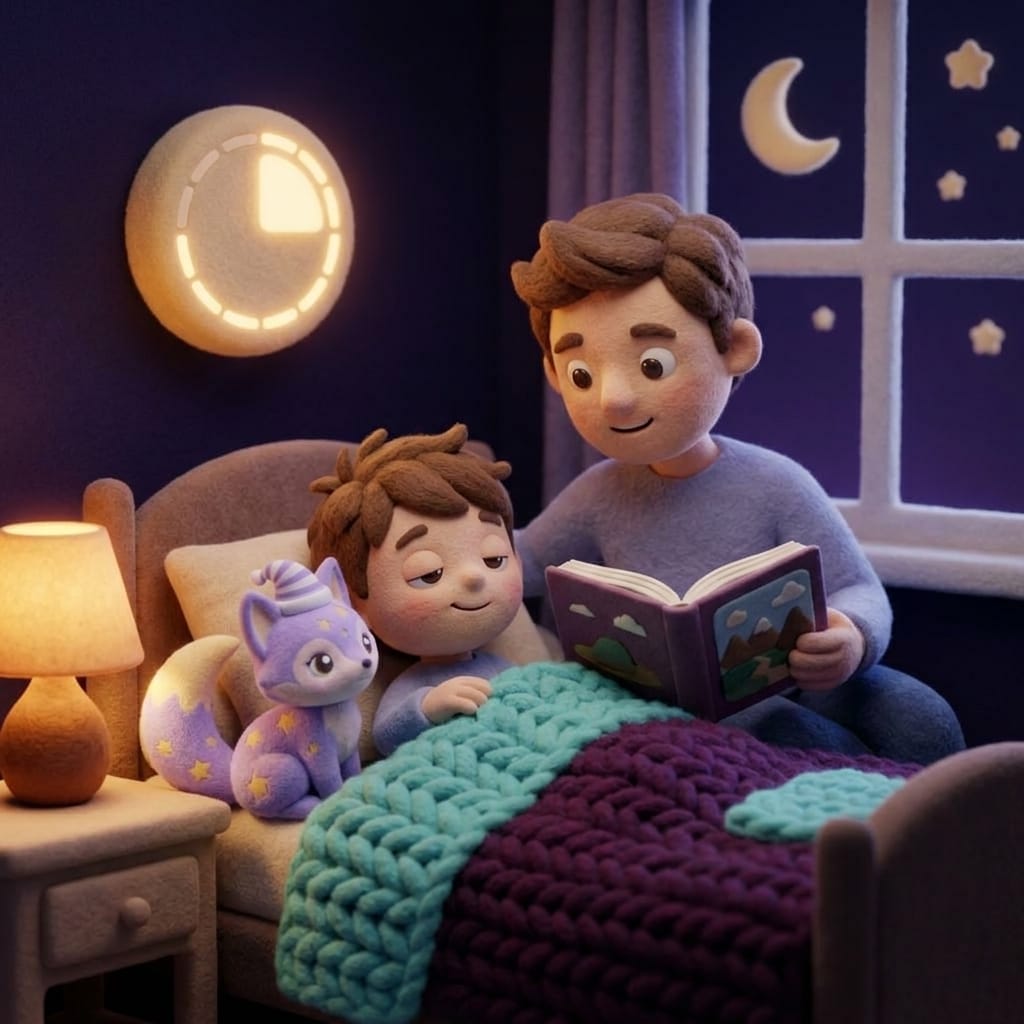 A parent reading a quick picture book to a sleepy toddler under a soft blanket with a small clock-orb showing the five-minute window and Loo the lavender fox listening on the pillow