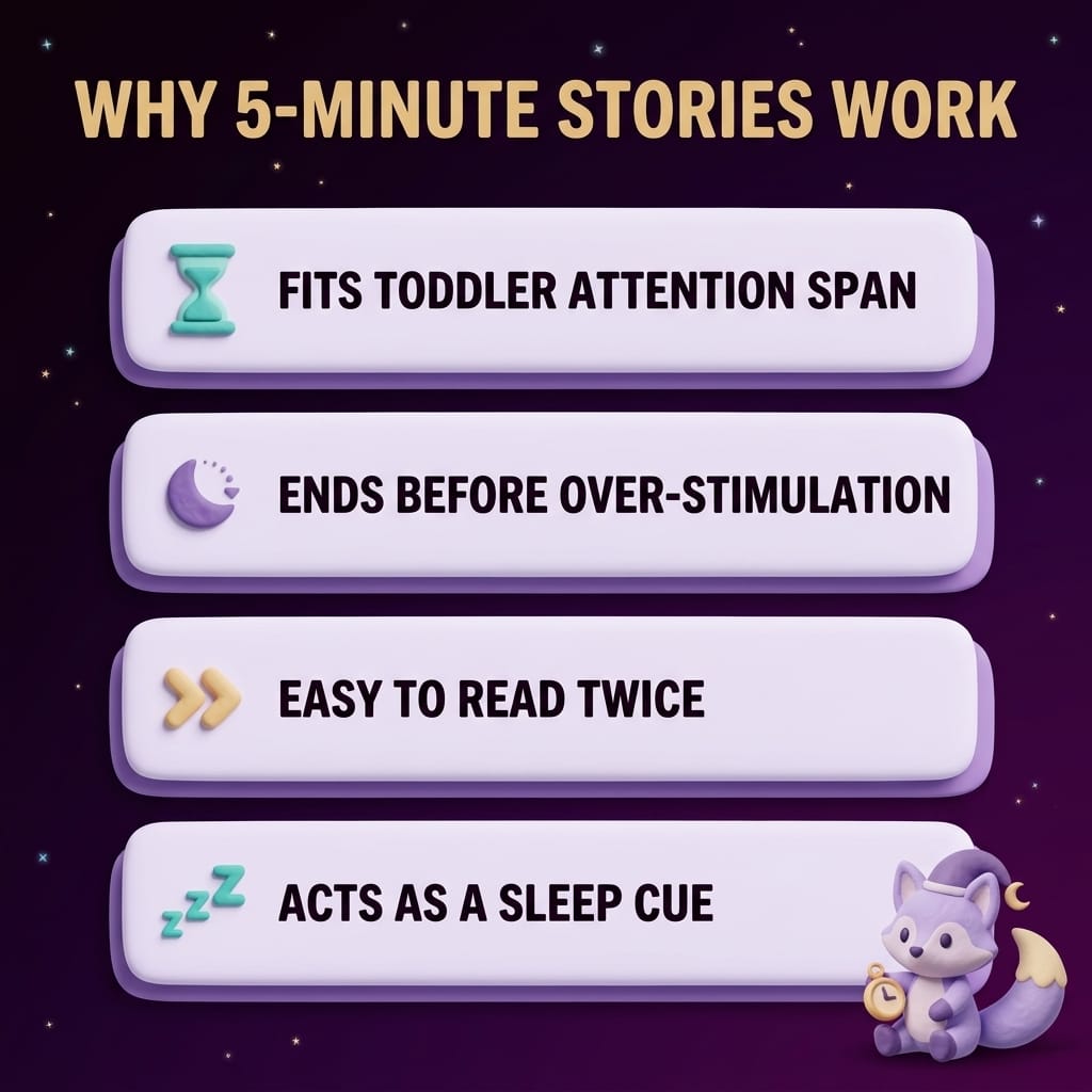 Clay-style infographic titled Why 5-Minute Stories Work with four cards — fits attention span, ends before over-stimulation, easy to read twice, acts as a sleep cue
