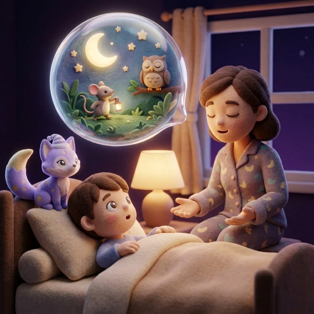 A parent telling an improvised quiet story with a soft dream-bubble showing a tiny mouse with a lantern in a moonlit meadow and Loo the lavender fox watching on the pillow