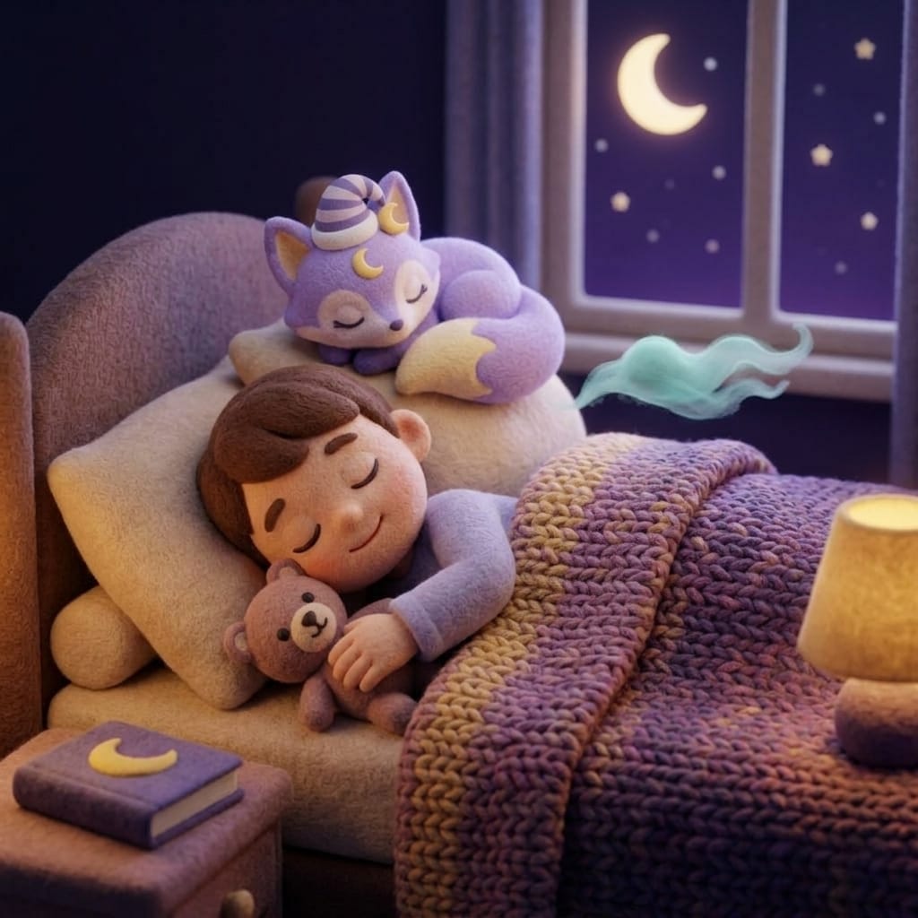 A child deeply asleep with a closed picture book on the bedside table, a dimming lamp, and Loo the lavender fox curled on the pillow