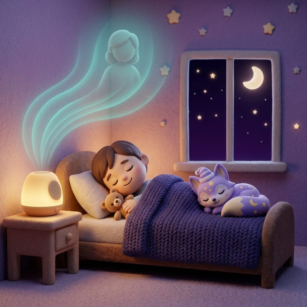 A small child listening peacefully to a softly glowing bedside speaker with a translucent silhouette of a parent within the sound waves and Loo the lavender fox curled on the pillow