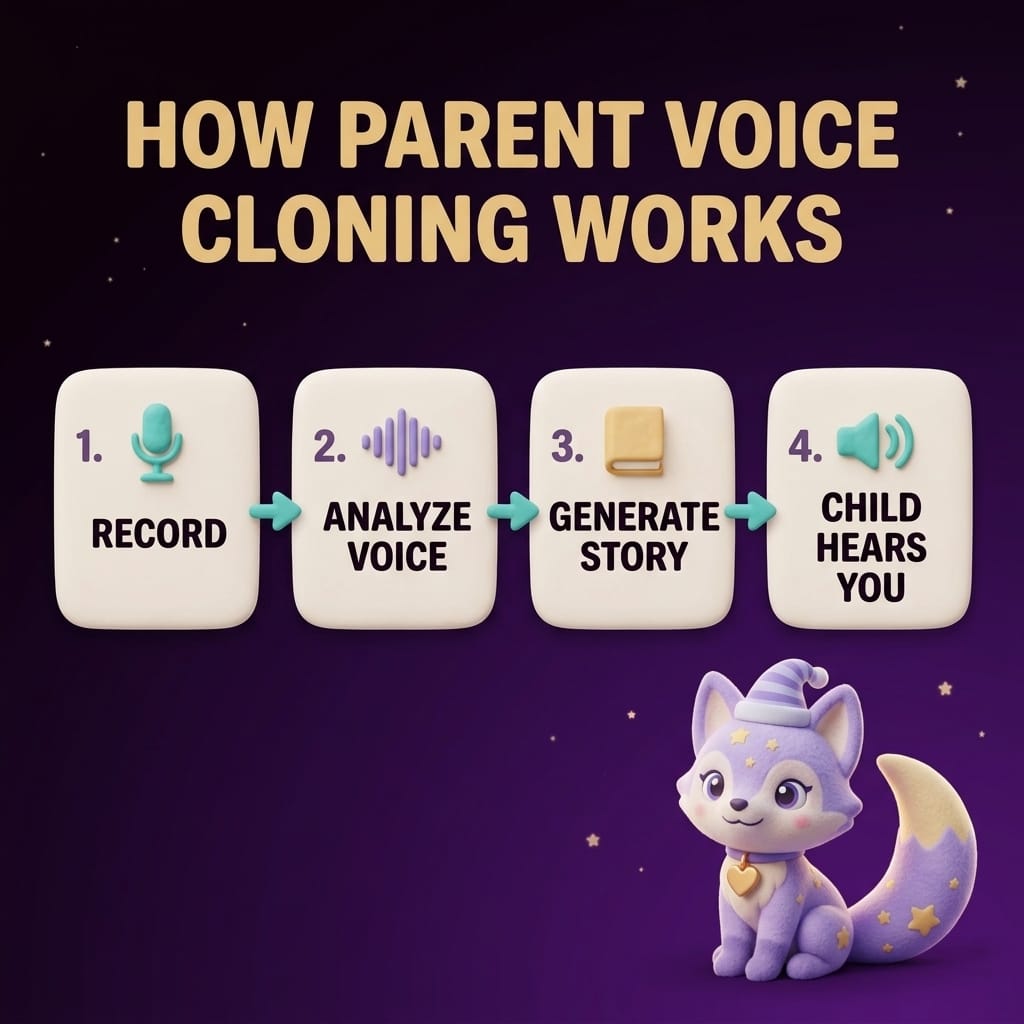 Clay-style infographic showing the four-step voice cloning flow — record, analyze voice, generate story, child hears you