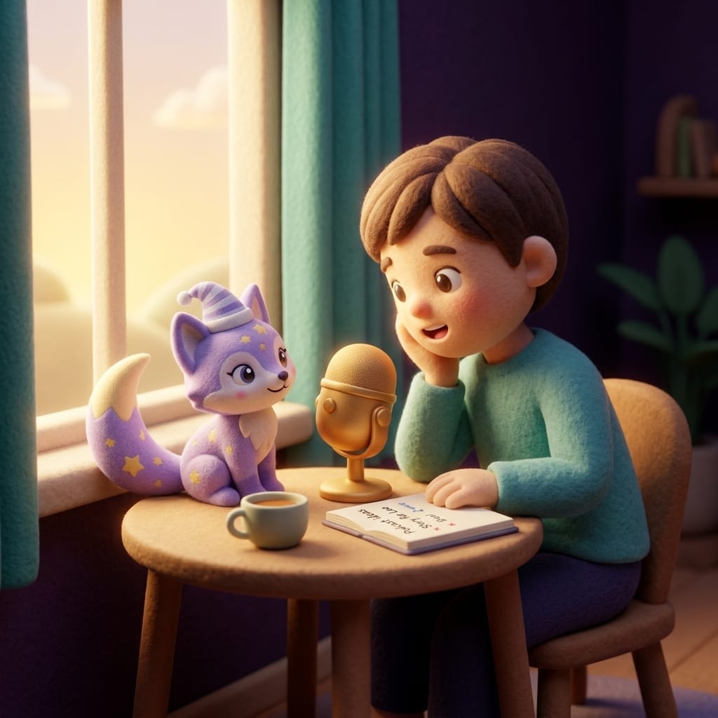 A parent sitting at a daytime table speaking calmly into a small warm-golden microphone-orb with a notebook open and Loo the lavender fox watching curiously