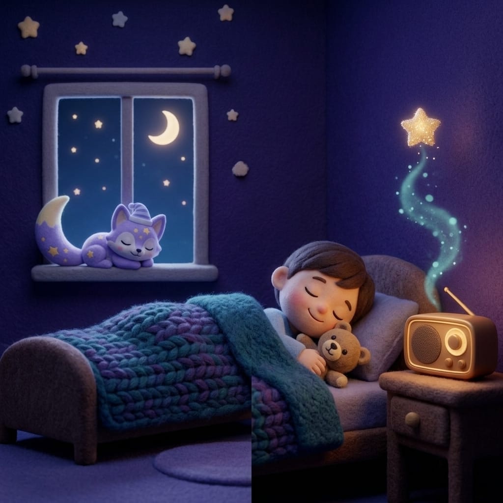 A child deeply asleep with a peaceful expression while a warm-gold bedside speaker dims to a final teal sound wave drifting upward, Loo the lavender fox curled on the pillow