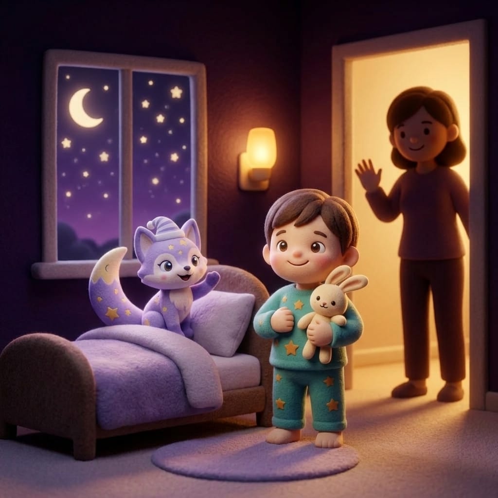 A toddler standing proudly beside their own small bed in cozy pajamas, holding a plush bunny, while a parent waves warmly from the doorway and Loo the lavender fox welcomes from the pillow
