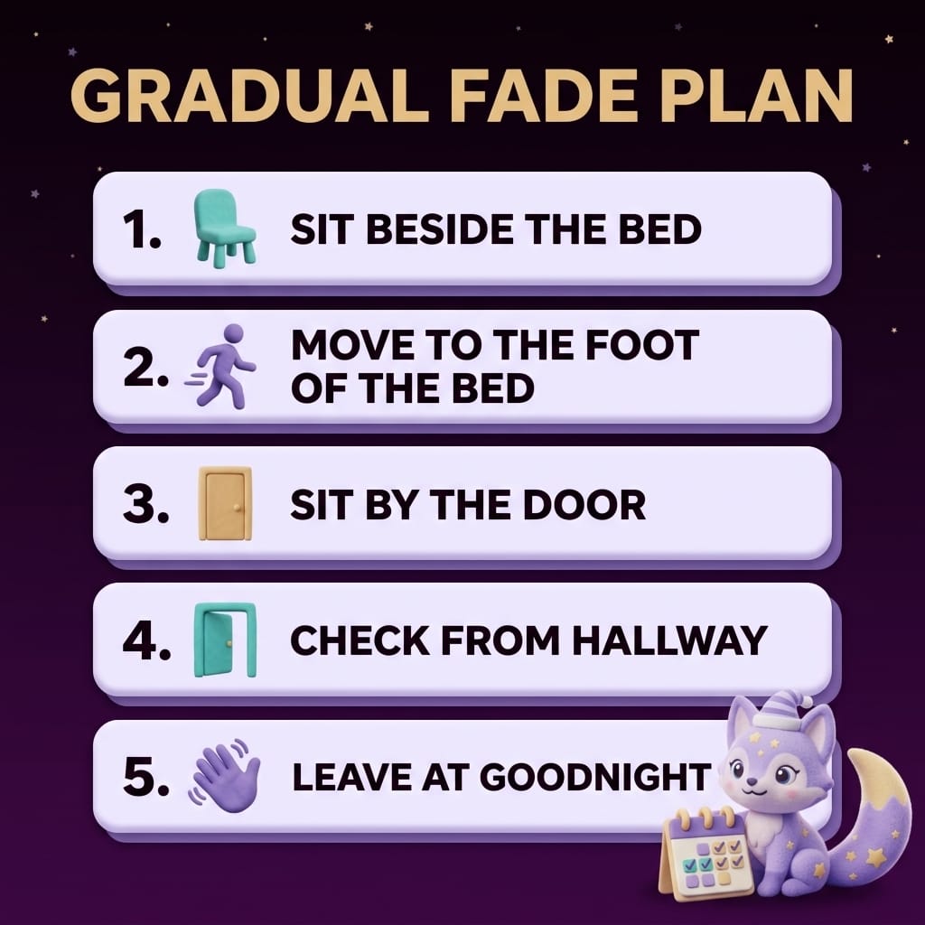 Clay-style infographic titled Gradual Fade Plan with five numbered steps — sit beside the bed, move to the foot of the bed, sit by the door, check from hallway, leave at goodnight