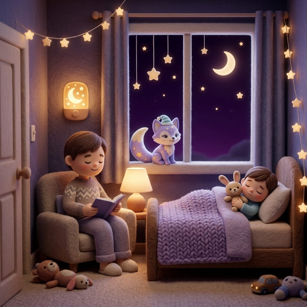 A parent sitting quietly in a low chair near the bedroom doorway reading their own book while a toddler in their own bed begins to settle with Loo the lavender fox on the pillow