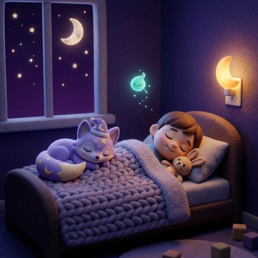 A toddler deeply asleep alone in their own bed with a peaceful smile and a plush rabbit tucked against their cheek, Loo the lavender fox curled on the pillow beside them