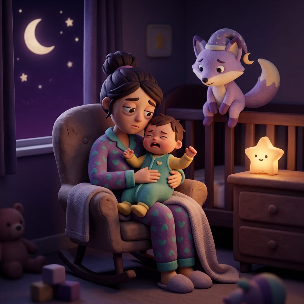 A tired but loving parent holding a wide-awake toddler in a dim nursery at night with Loo the lavender fox watching gently from the crib rail