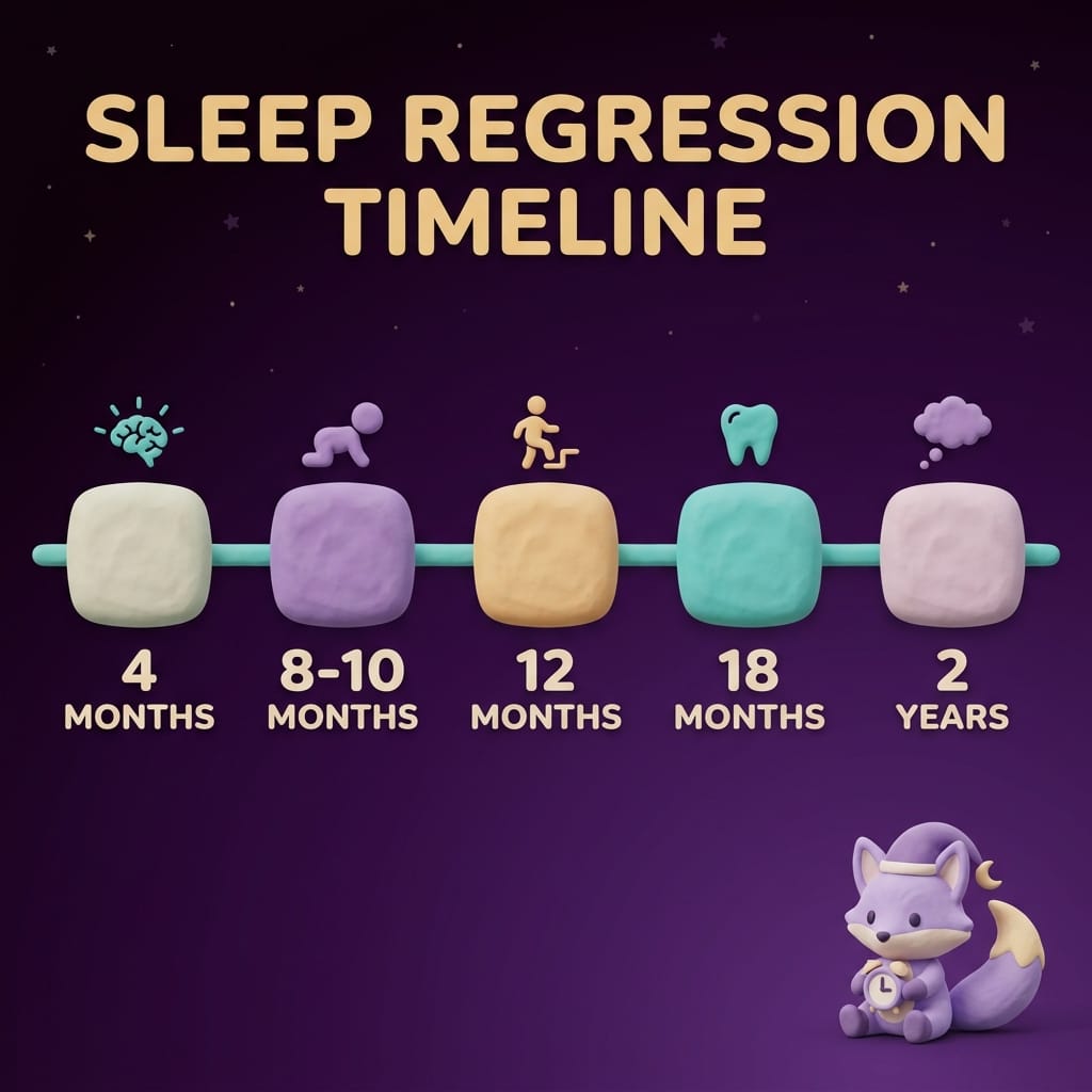 Clay-style infographic titled Sleep Regression Timeline with five milestone markers — 4 months, 8-10 months, 12 months, 18 months, 2 years