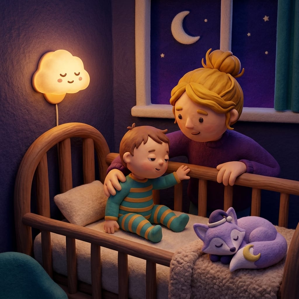 A parent gently patting an 18-month-old back to sleep in a dim cozy nursery with Loo the lavender fox curled at the corner of the crib