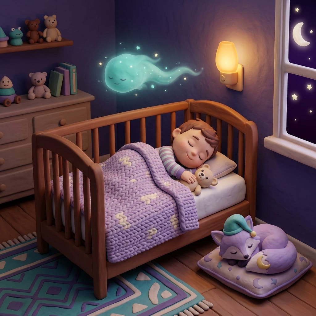 An 18-month-old deeply and peacefully asleep in a cozy crib under a soft blanket with Loo the lavender fox curled asleep on a cushion nearby