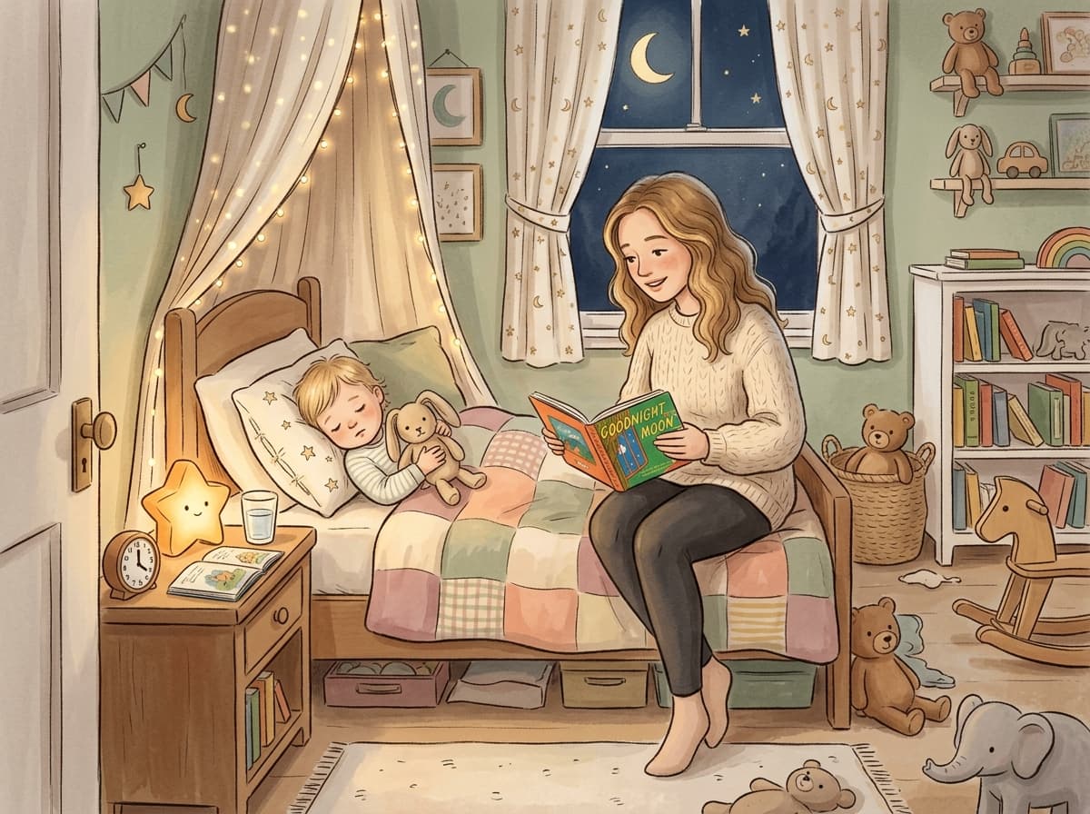 Mother reading bedtime story to toddler in cozy bedroom