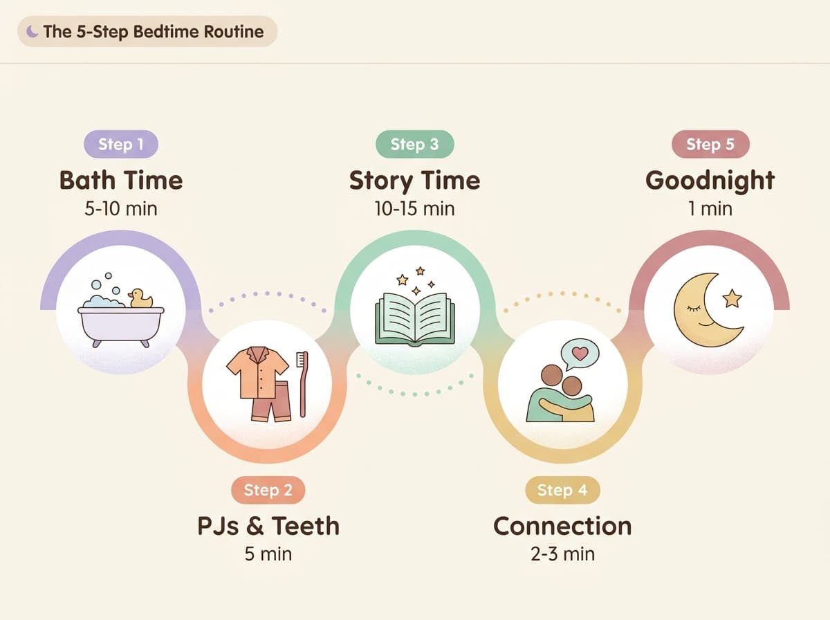 Infographic showing 5-step bedtime routine timeline for toddlers
