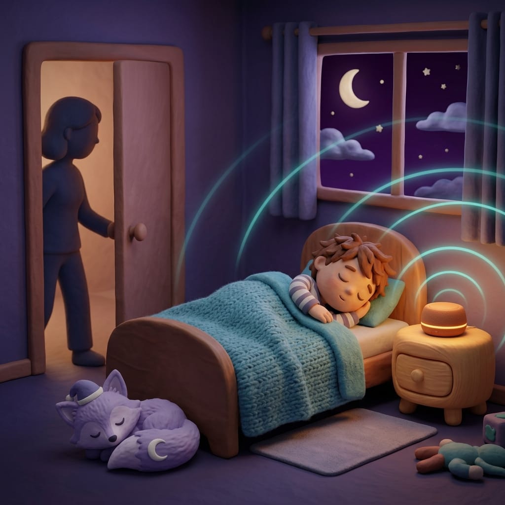 Clay-style scene of a small child asleep as a glowing nightstand sound machine sends gentle teal sound waves across a dim, cozy bedroom