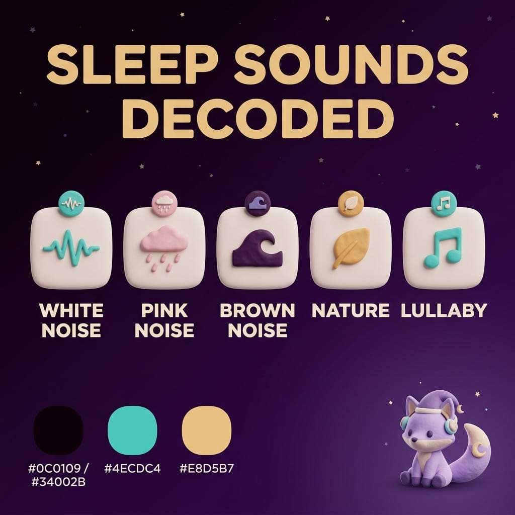 Clay-style infographic titled Sleep Sounds Decoded showing five rounded tiles — white noise, pink noise, brown noise, nature, lullaby — each with a small icon, on a deep-purple starry background