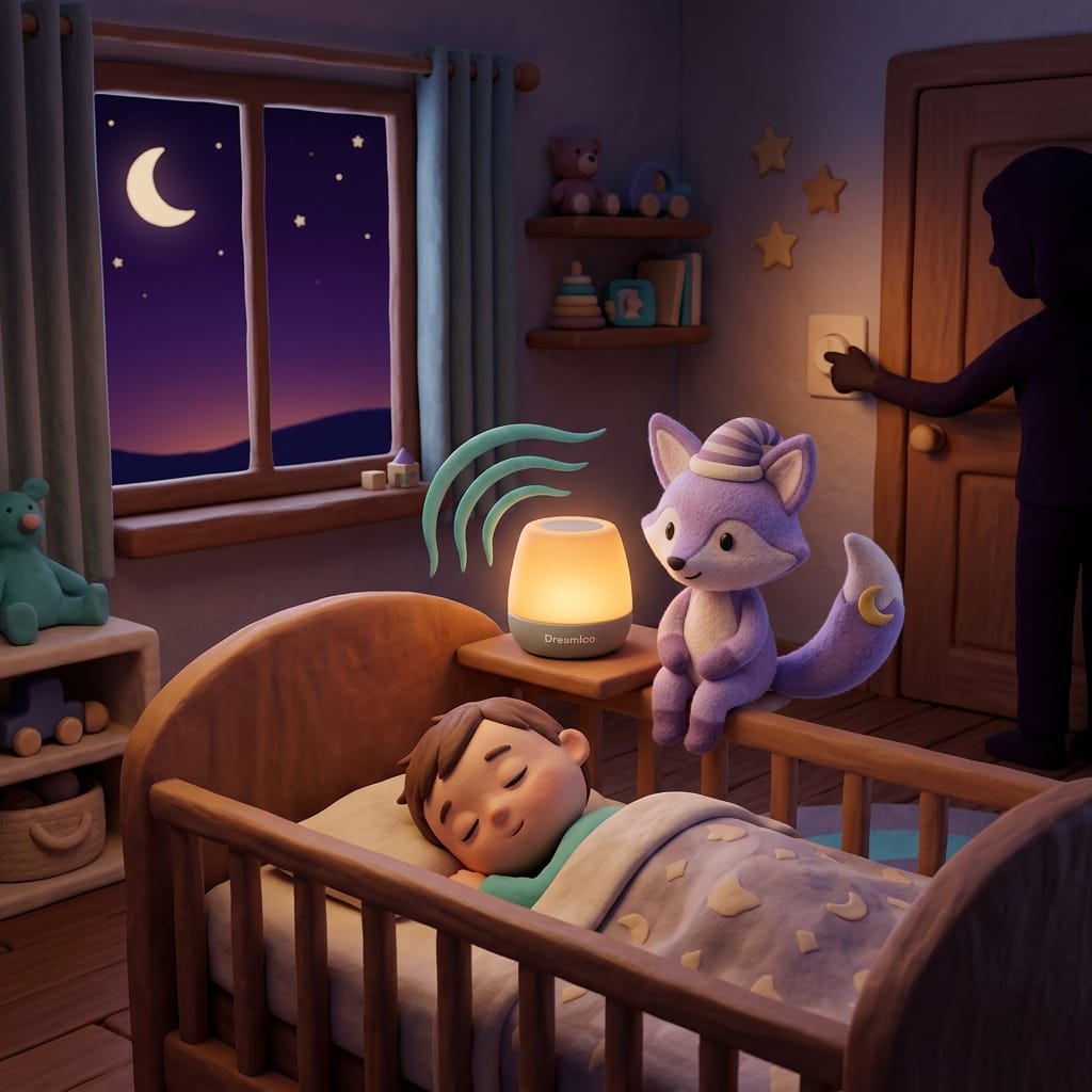 Clay-style scene of a toddler drifting off in a crib while a parent dims the light and a small glowing speaker emits soft teal sound waves
