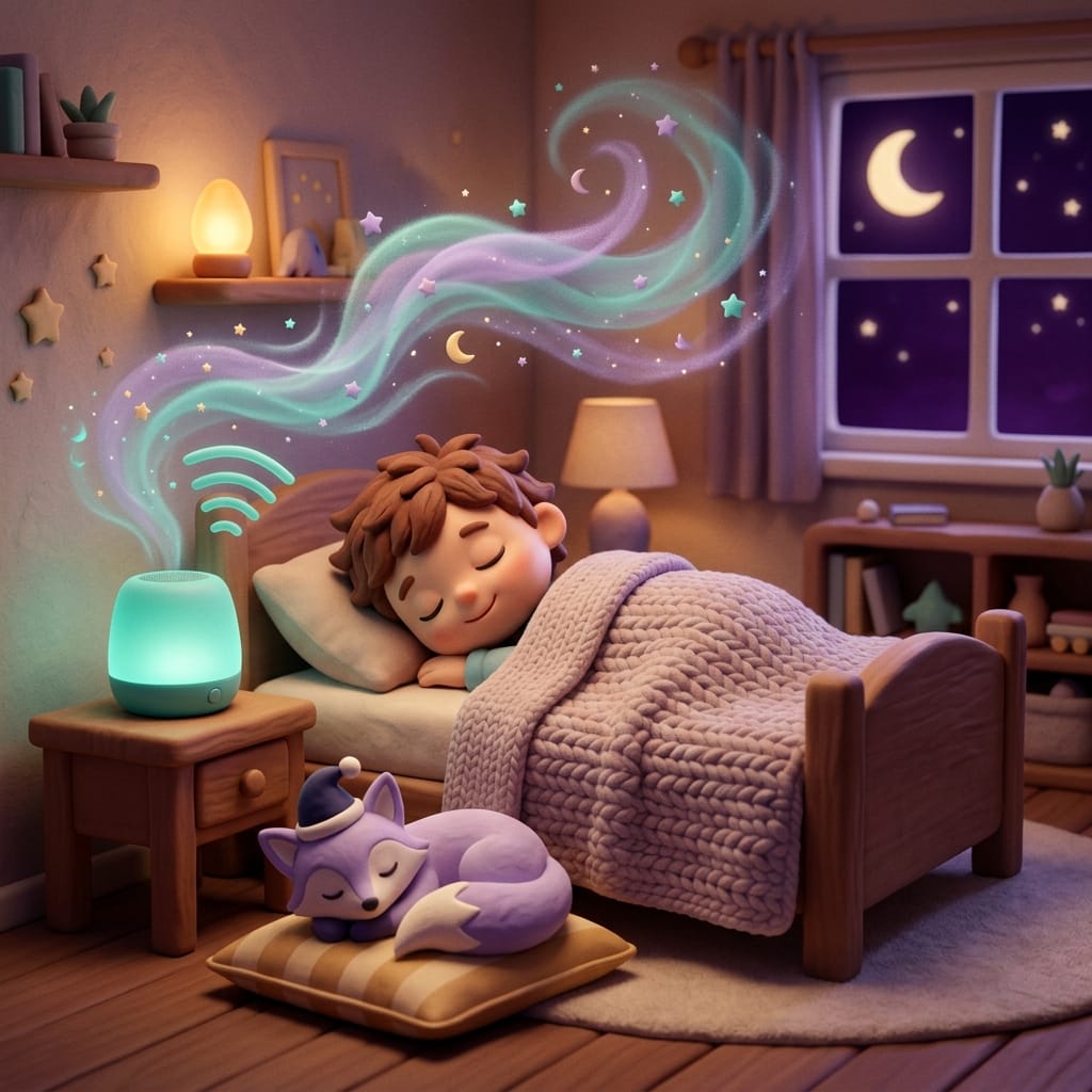 Clay-style scene of a child deeply asleep as gentle teal sound waves from a nightstand speaker dissolve into dreamy wisps and tiny stars