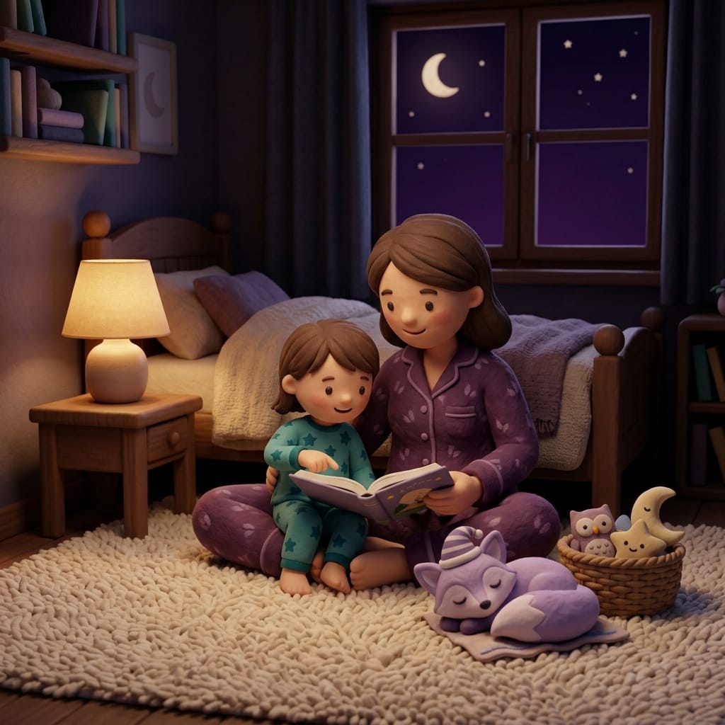 Clay-style scene of a parent and small child reading a picture book together by warm lamplight in a dim, cozy bedroom before bed