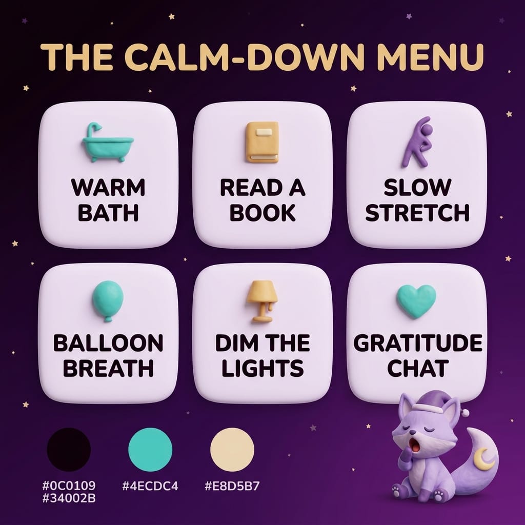 Clay-style infographic titled The Calm-Down Menu with six rounded tiles — warm bath, read a book, slow stretch, balloon breath, dim the lights, gratitude chat — on a deep-purple starry background